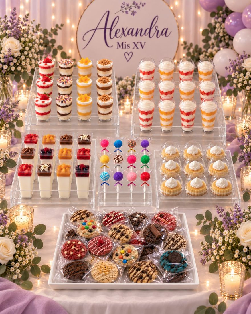 Mesa dulce montada para una celebración, con bandejas de mini postres, flores y velas