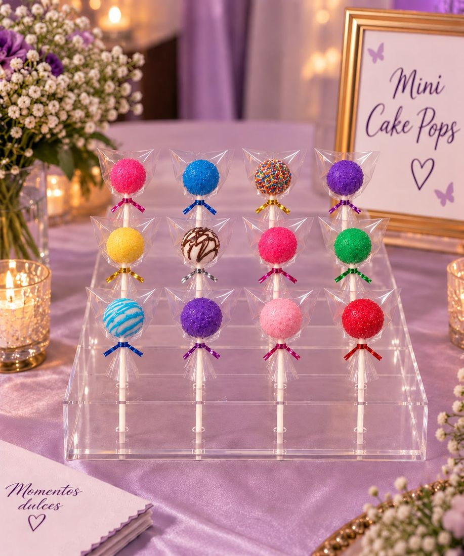 Bandeja de 12 mini cake pops de colores envueltos individualmente sobre una base transparente