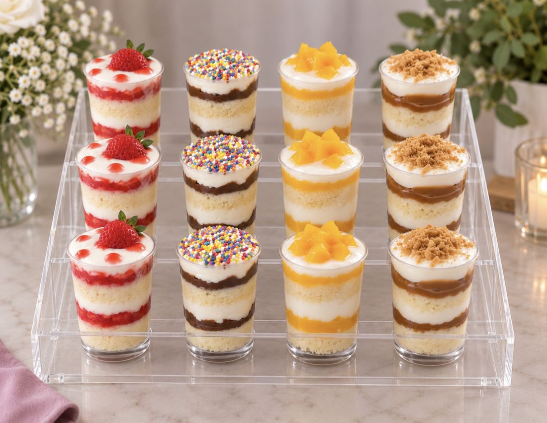 Bandeja de 12 mini tres leches en vasitos con fresa, sprinkles, durazno y dulce de leche