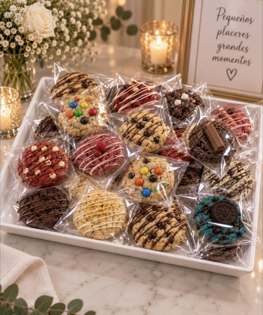 Bandeja de mini cookies artesanales decoradas y envueltas individualmente
