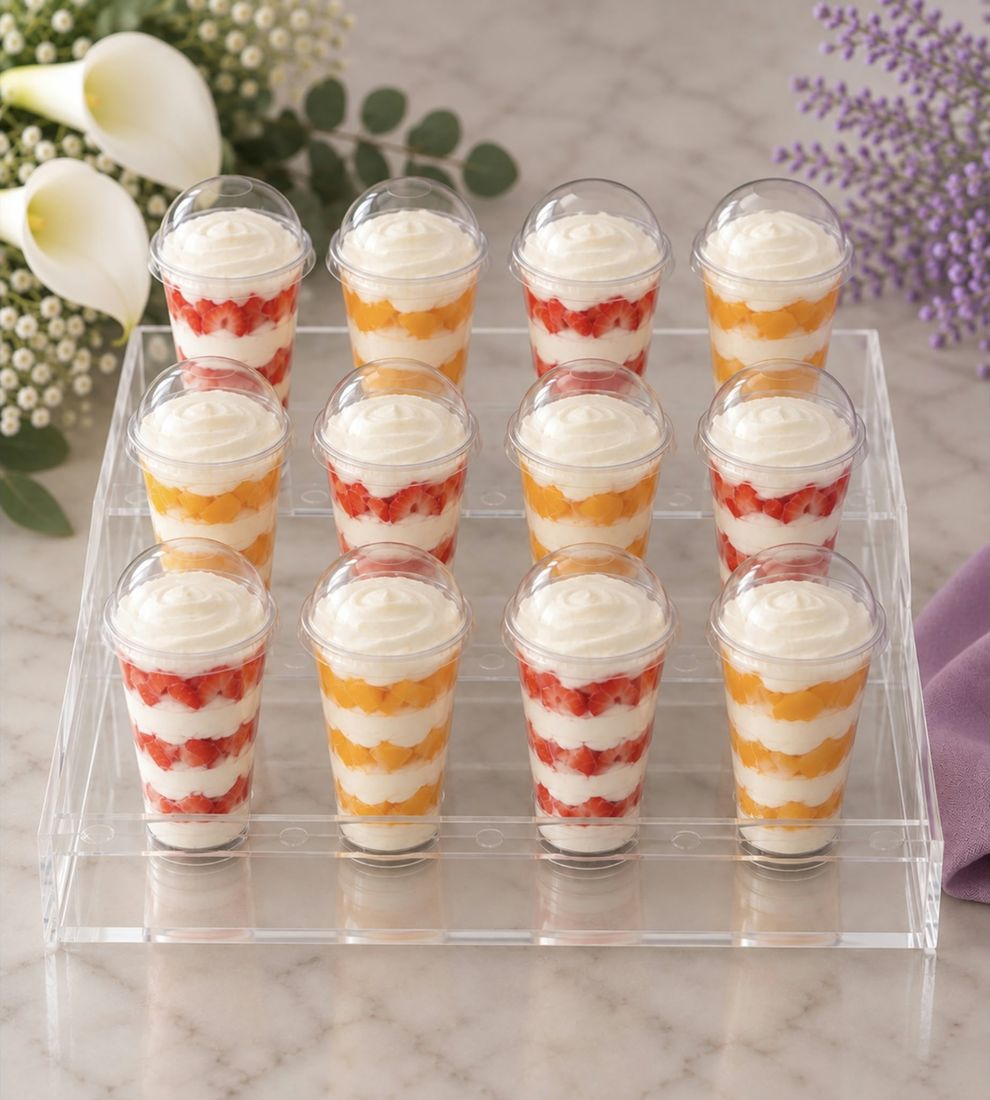 Bandeja de 12 mini cremas en vasos con capas de fresa y durazno con crema chantilly