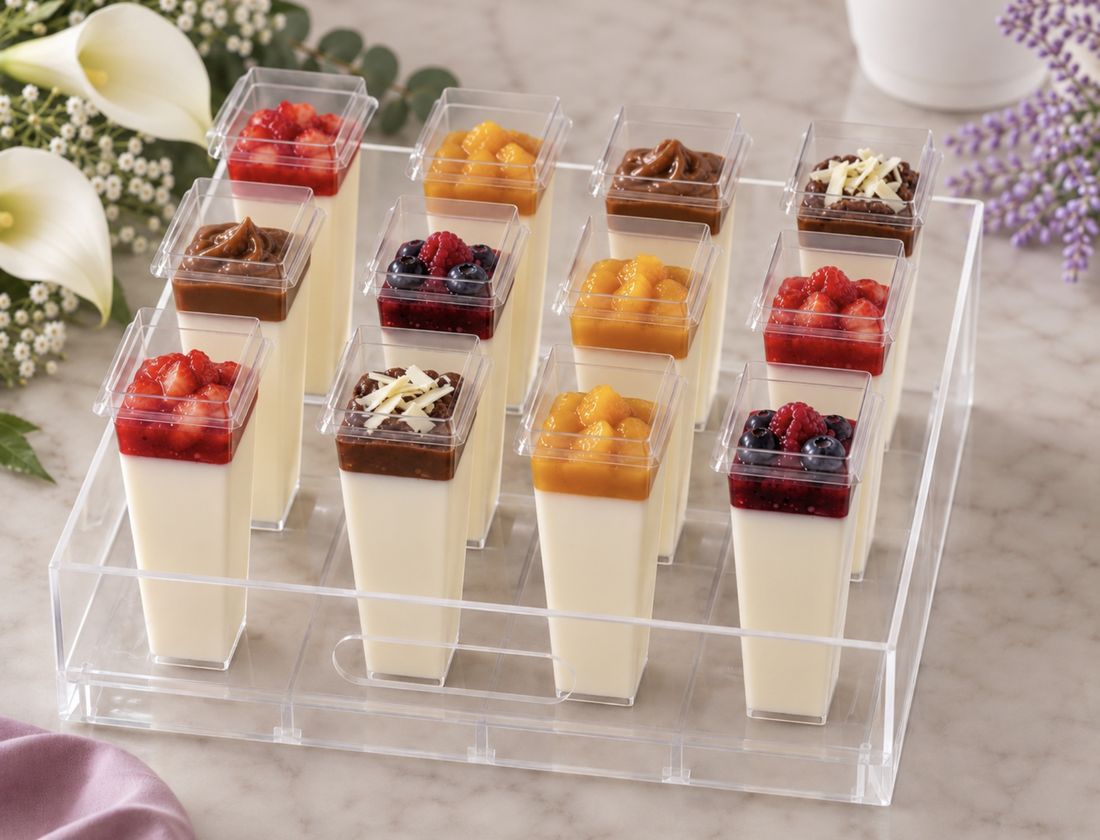 Bandeja de 12 mini panna cottas en vasitos altos con toppings de fresa, frutos rojos, durazno, dulce de leche y Nutella