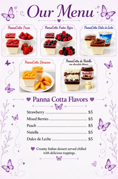 Carta de sabores de panna cotta
